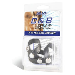 Blue Line Blue Line 8 Style Black Ball Divider with Snap Fasteners, a cock ring and strap accessory for intimate use.