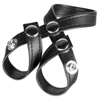Elegant Blue Line 8 Style Ball Divider in black leather featuring snap fasteners for adjustable tightness, designed for enhanced sensations and stimulation.