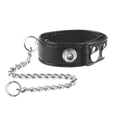 Elegant display of the Blue Line Snap Cock Ring With Leash on a plush surface, emphasizing its premium craftsmanship and functionality.