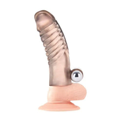 Close-up of the Blueline 5.25inch Vibrating Penis Enhancing Sleeve Extension highlighting its raised swirled shaft.