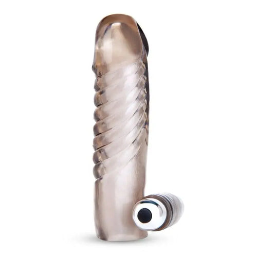 Blueline 5.25inch Vibrating Penis Enhancing Sleeve Extension showcasing ridged design for enhanced stimulation.