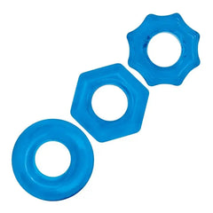 Luxury Blue Line 3 Pack Nuts & Bolts Stretch Cock Ring Set showcasing distinct designs for enhanced performance.