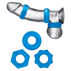 Elegant Blue Line 3 Pack Nuts & Bolts Stretch Cock Ring Set highlighting the textured surface for added stimulation.