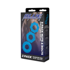 Sophisticated Blue Line 3 Pack Nuts & Bolts Stretch Cock Ring Set featuring durable silicone for body-safe enjoyment.