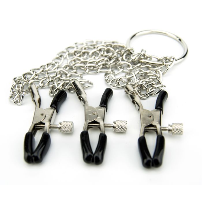 Bound to Please nipple and clit clamps with chain, featuring adjustable metal clamps for enhanced sensation and pleasure.