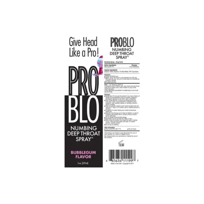 Pro Blo Numbing Deep Throat Blowjob Spray Bubblegum flavor, 1oz, oral spray for numbing and enhanced oral pleasure.
