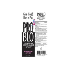Pro Blo Numbing Deep Throat Spray Bubblegum 1oz - Elegant packaging of a numbing deep throat spray with sweet bubblegum flavour, perfect for pleasurable experiences.
