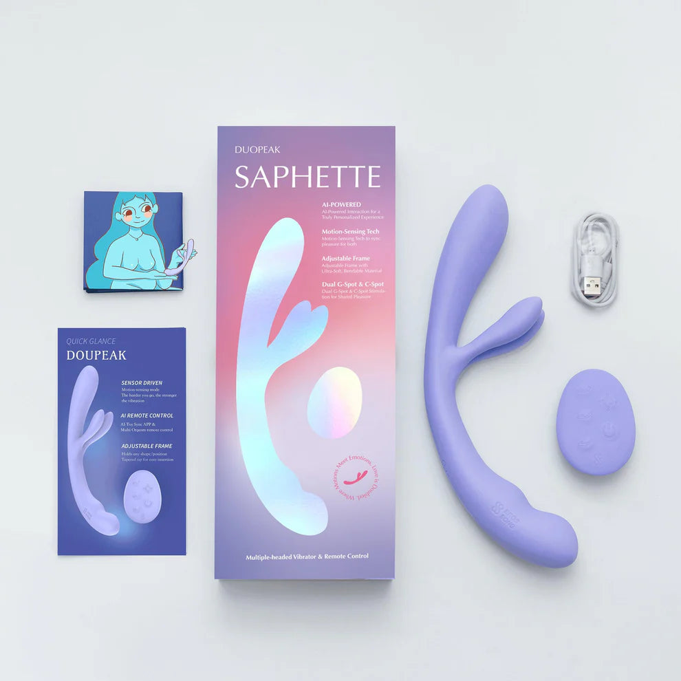 Saphette Duopeak AI double-ended dildo with dual G-spot and clit stimulation, featuring motion-sensing technology.