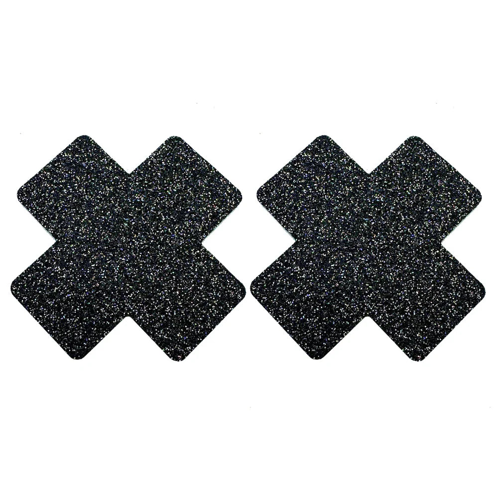 Chic black sparkle cross nipple covers, blending glamour with minimalist style.