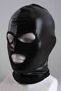 Wet Look Hood - Unisex- Sensual Black Bondage Hood with Eye and Mouth Holes