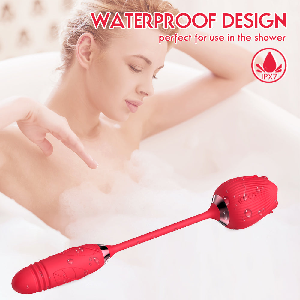 a woman laying in a bathtub with a red shower brush