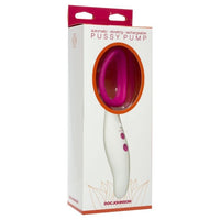 Elegant Doc Johnson Vibrating Pussy Pump Pink demonstrating its automatic hands-free suction and seven unique vibration modes for ultimate pleasure.