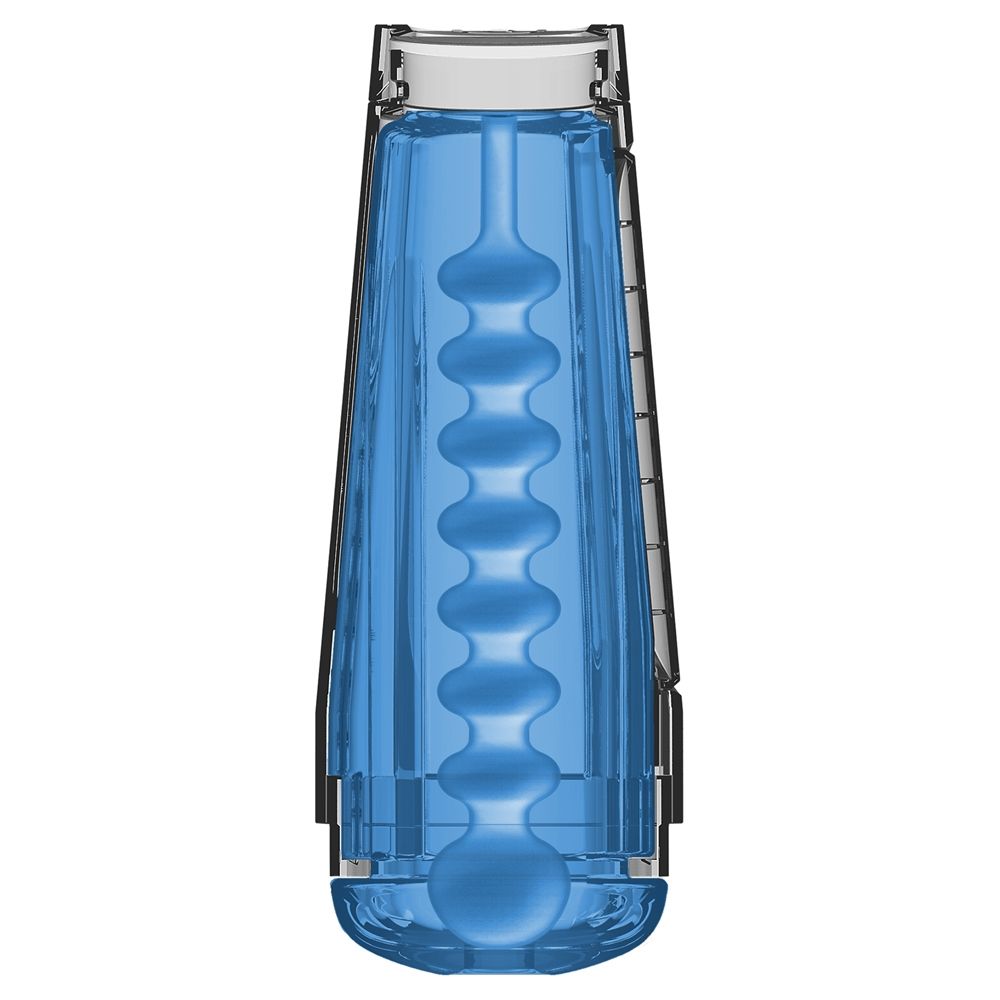 a blue water bottle with a white top