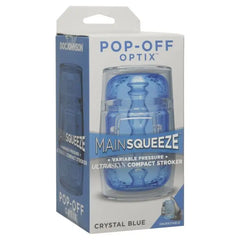 Chic Main Squeeze Pop Off Optix Blue Transparent Masturbator, offering a unique double-ended design and controllable pressure for an indulgent and captivating experience.