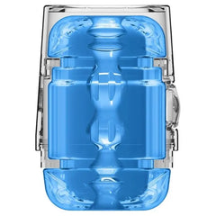 Blue and clear plastic container on a white background