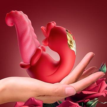 a hand holding the triple thrill tongue twin rose sex toy vibrator by scandals above a bed of red roses