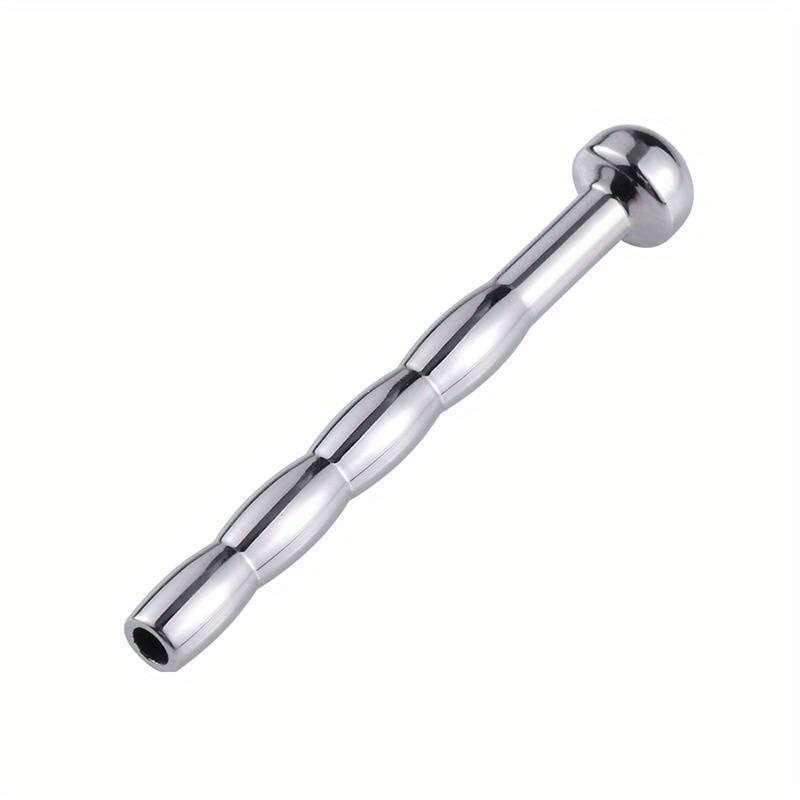 Scandals short beaded penis plug from dilators and soundings collection, showing the beaded design and smooth metal surface.
