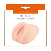 Luxurious packaging of the Miss Emma Premium Realistic Masturbator, highlighting its realistic texture and dual openings for pleasure.