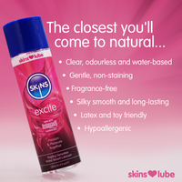 Skins lubricant bottle with product features on a pink background
