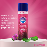 Skins lubricant bottle with natural ingredients text on a pink background