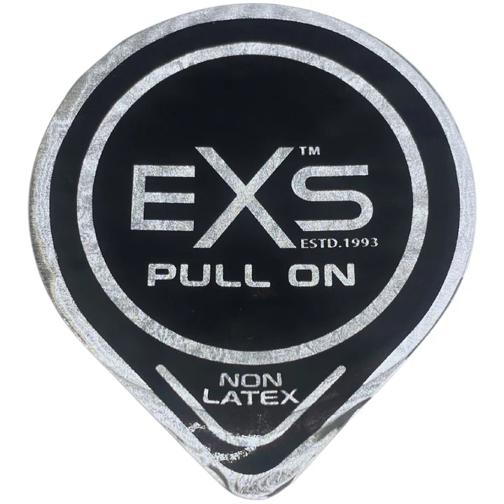 Exs Pull Non-Latex Condoms in foil packaging, ultra-thin, hypoallergenic, pre-lubricated for sensitive skin.