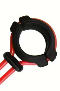 Detailed view of the silicone adjustable cock ring, highlighting its sleek black and red design, suitable for enhancing intimate experiences.