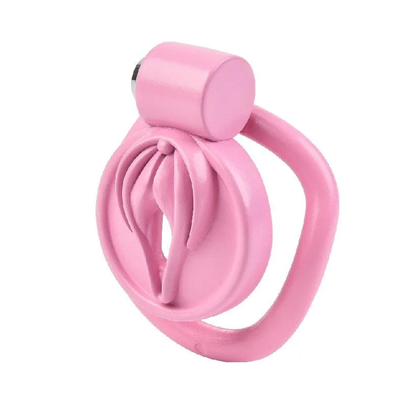 Pink Fake Vagina Sissy Chastity Cage with five adjustable rings, offering versatility and comfort for all users.