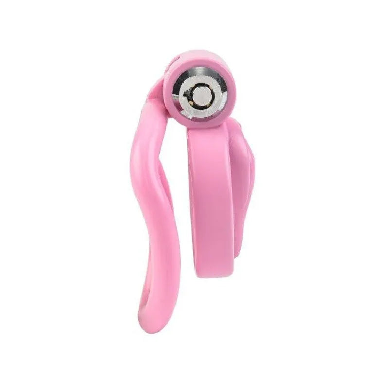 Elegant Pink Fake Vagina Sissy Chastity Cage displayed with its secure locking mechanism, ideal for fetish play.
