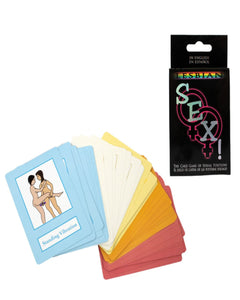 Kheper Games lesbian sex card game with colorful cards showing fantasy prompts, foreplay activities, and positions for couples.