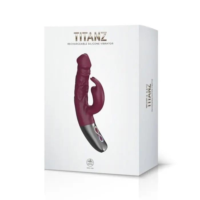 NMC TitanZ 3.5-inch purple rechargeable rabbit vibrator in packaging, featuring dual motors and rotating design for pleasure.