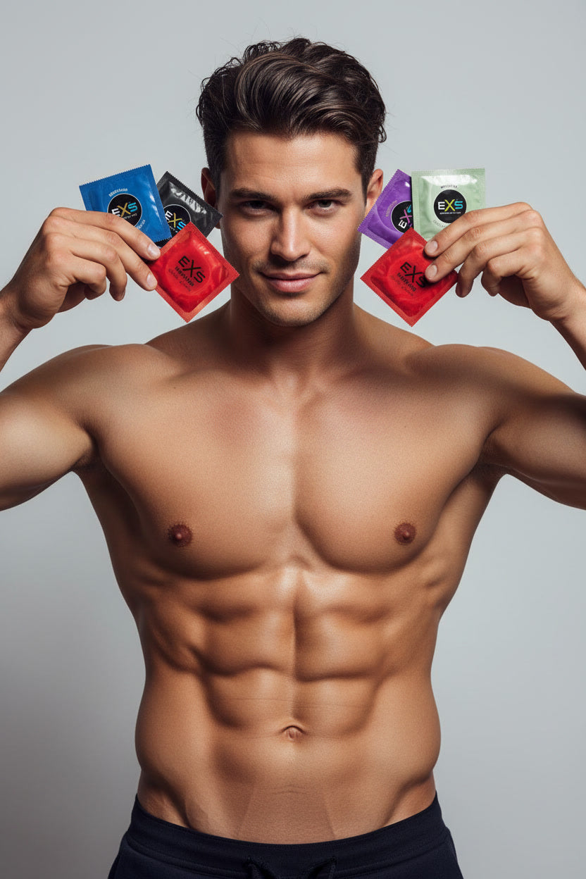 Shirtless man holding multiple EXS condom sachets, showcasing textured, flavored, and size options in a promotional campaign image.