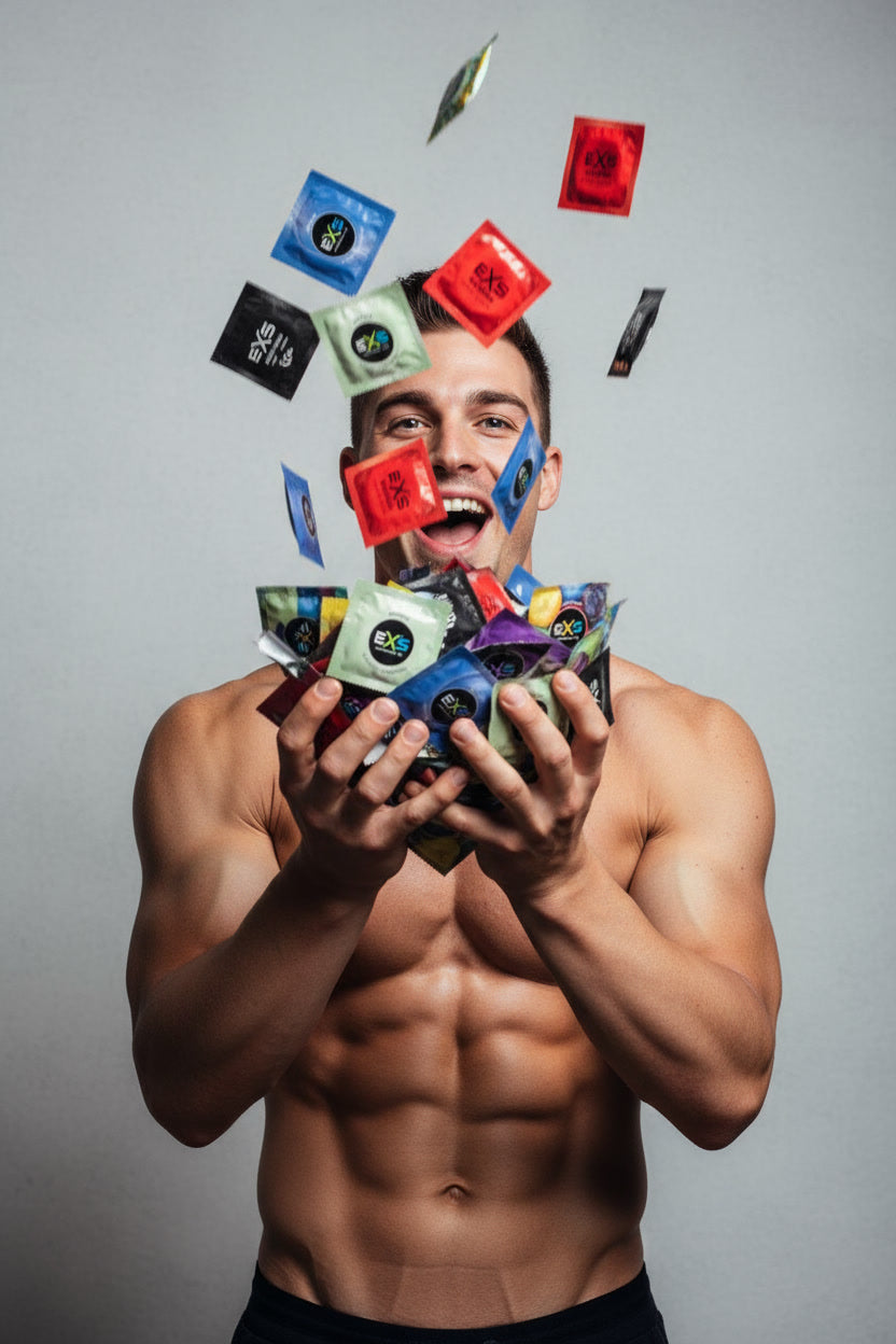 Shirtless man holding multiple condom sachets from EXS, showcasing textured, flavored, and size options in a promotional campaign image.