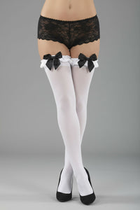 White Opaque Nylon Stockings with Lace Garter Tops and Black Satin Bow Fits 90–160 lbs