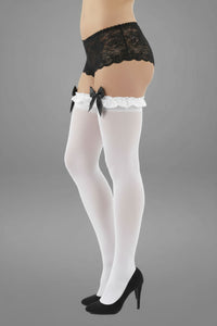 White Opaque Nylon Stockings with Lace Garter Tops and Black Satin Bow Fits 90–160 lbs