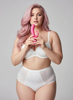 Detail shot of the New GAIA Rabbit Silicone Rabbit Vibrator highlighting the precisely curved tip for targeted G-spot stimulation.