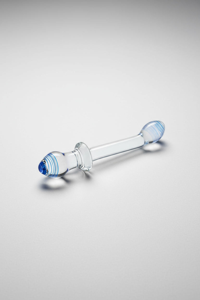 Glass dildo by Glas, 9.5-inch dual-ended curved design for G-spot and anal pleasure, elegant and minimalistic in appearance.
