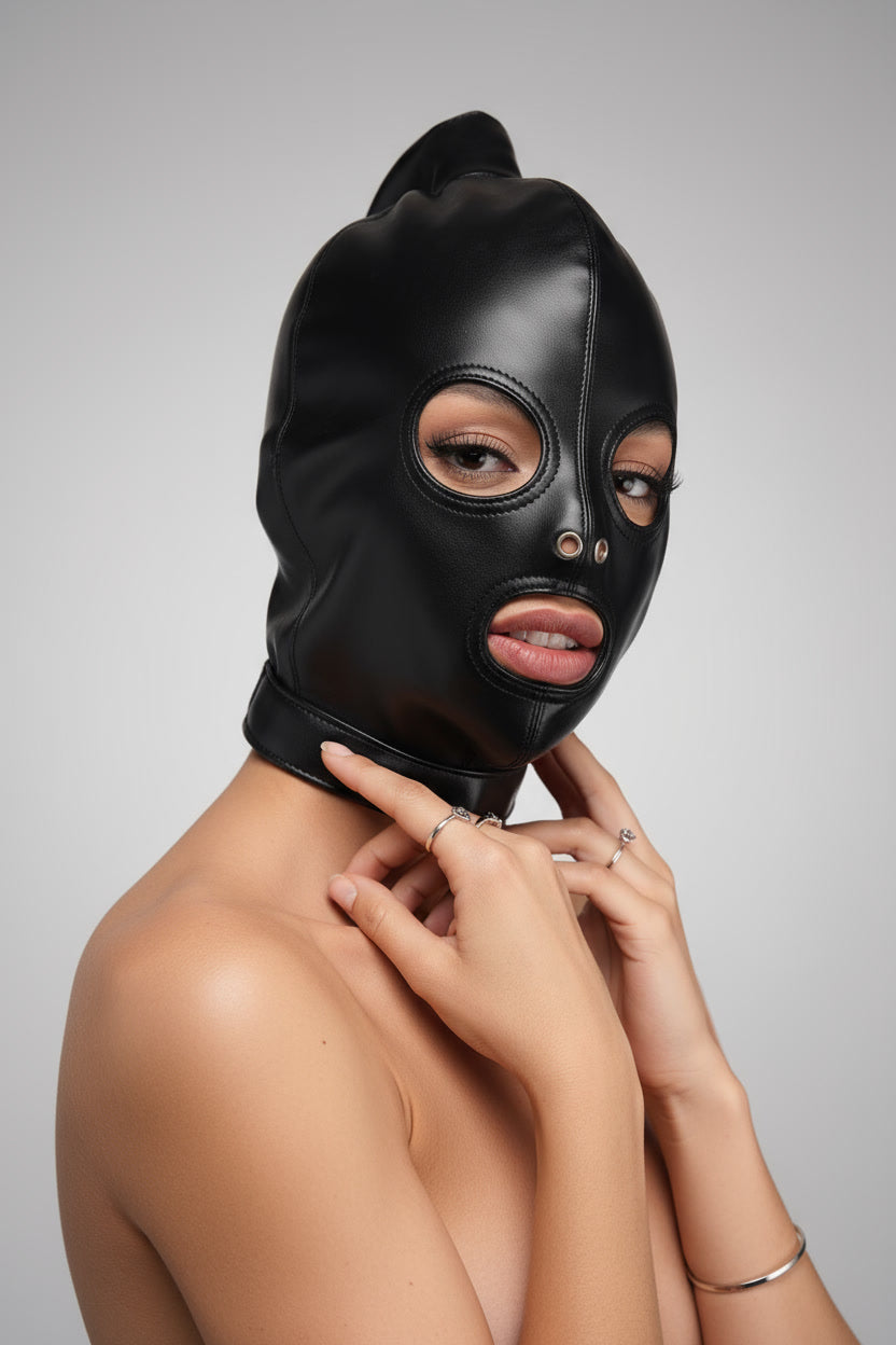 Ponytail Hood - Soft PU Leather Bondage Hood with Adjustable Lace-Up Back for Power Play and Room for Ponytail