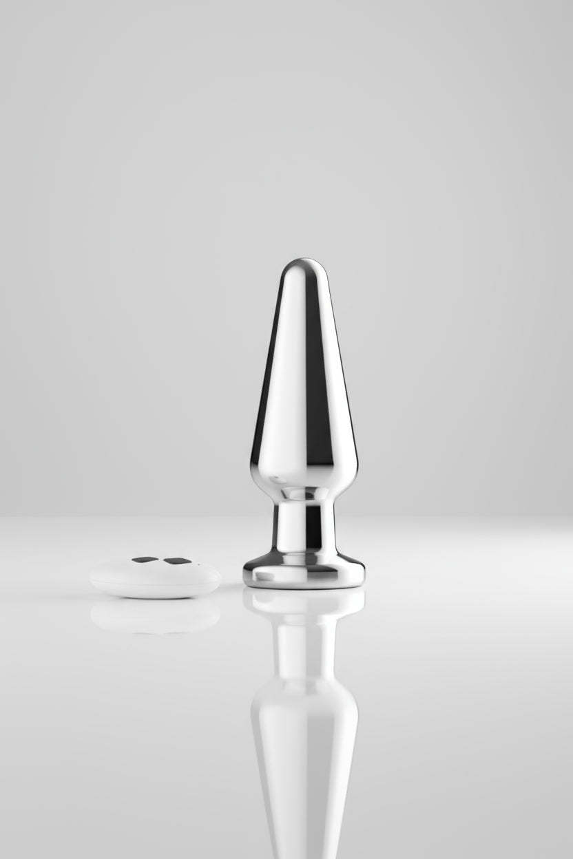 Toosh remote-controlled metal vibrating butt plug with 10 speeds, USB rechargeable, 3.8 inches insertable, sleek and minimal design.