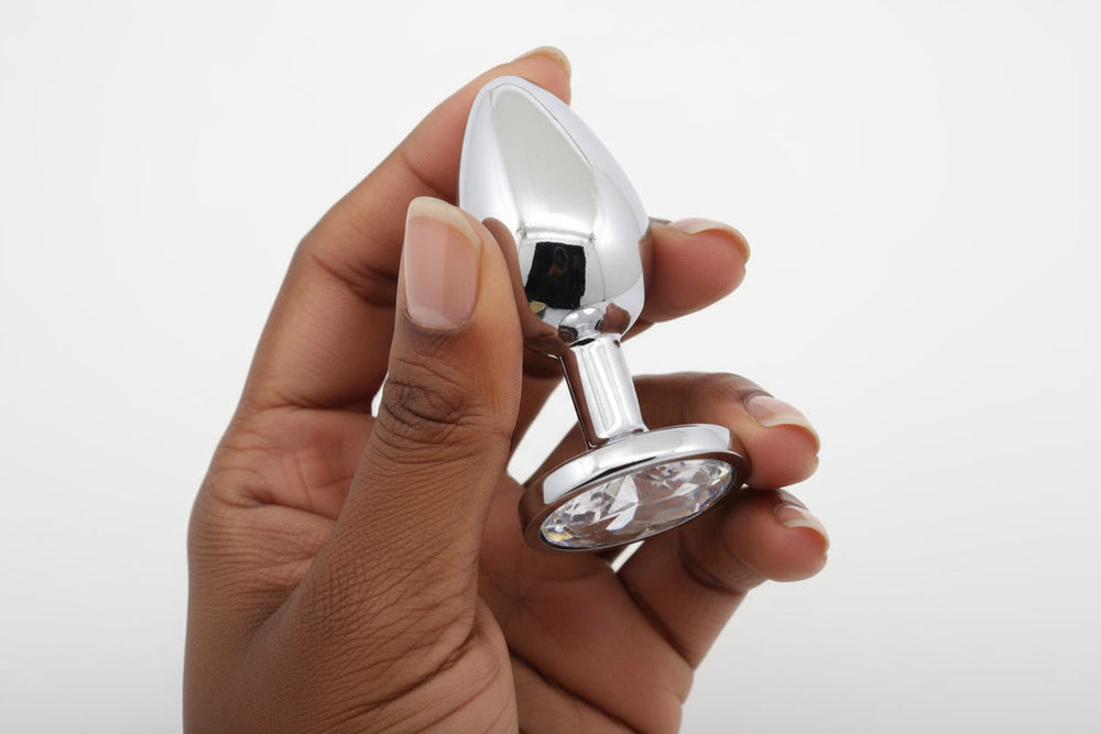 Scandals metal butt plug with crystal, temperature responsive aluminum anal toy, sleek and minimal design for adult pleasure.