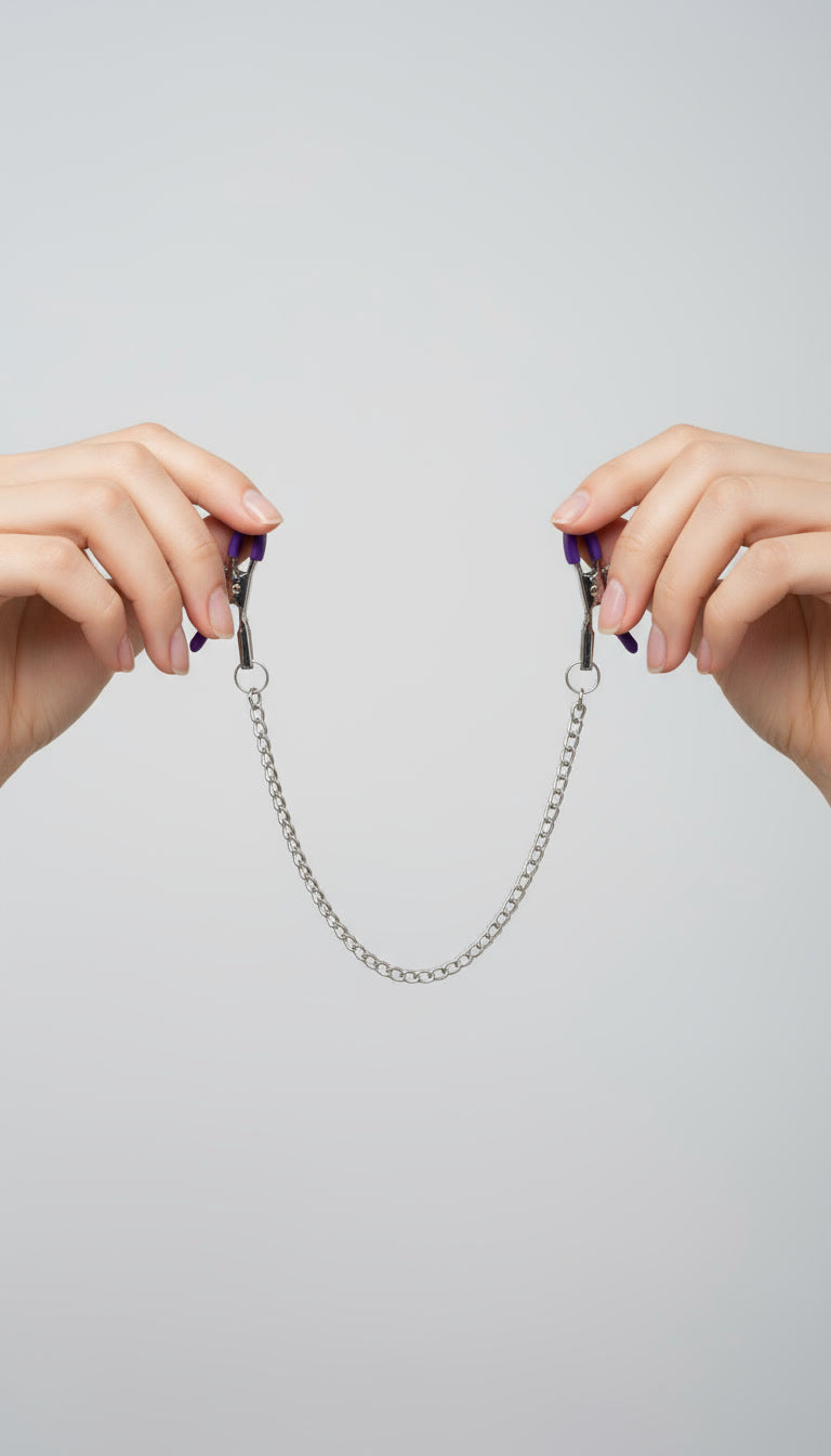 Scandals Classic Adjustable Nipple Clamps with Chain, silver metal clamps with a chain, on a plain white background.