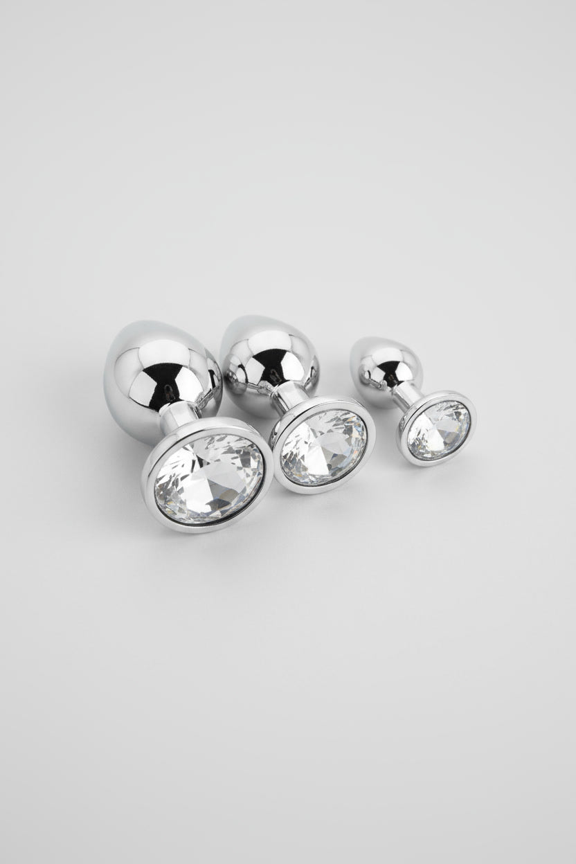 Toosh Metal Butt Plug Set of 3 with Clear Stone, Varied Sizes for Ultimate Pleasure
