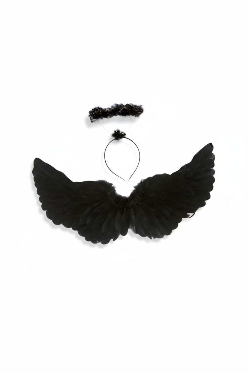 Elegant Black Angel Wings with Halo - Perfect for Halloween Costume & Adult Fancy Dress