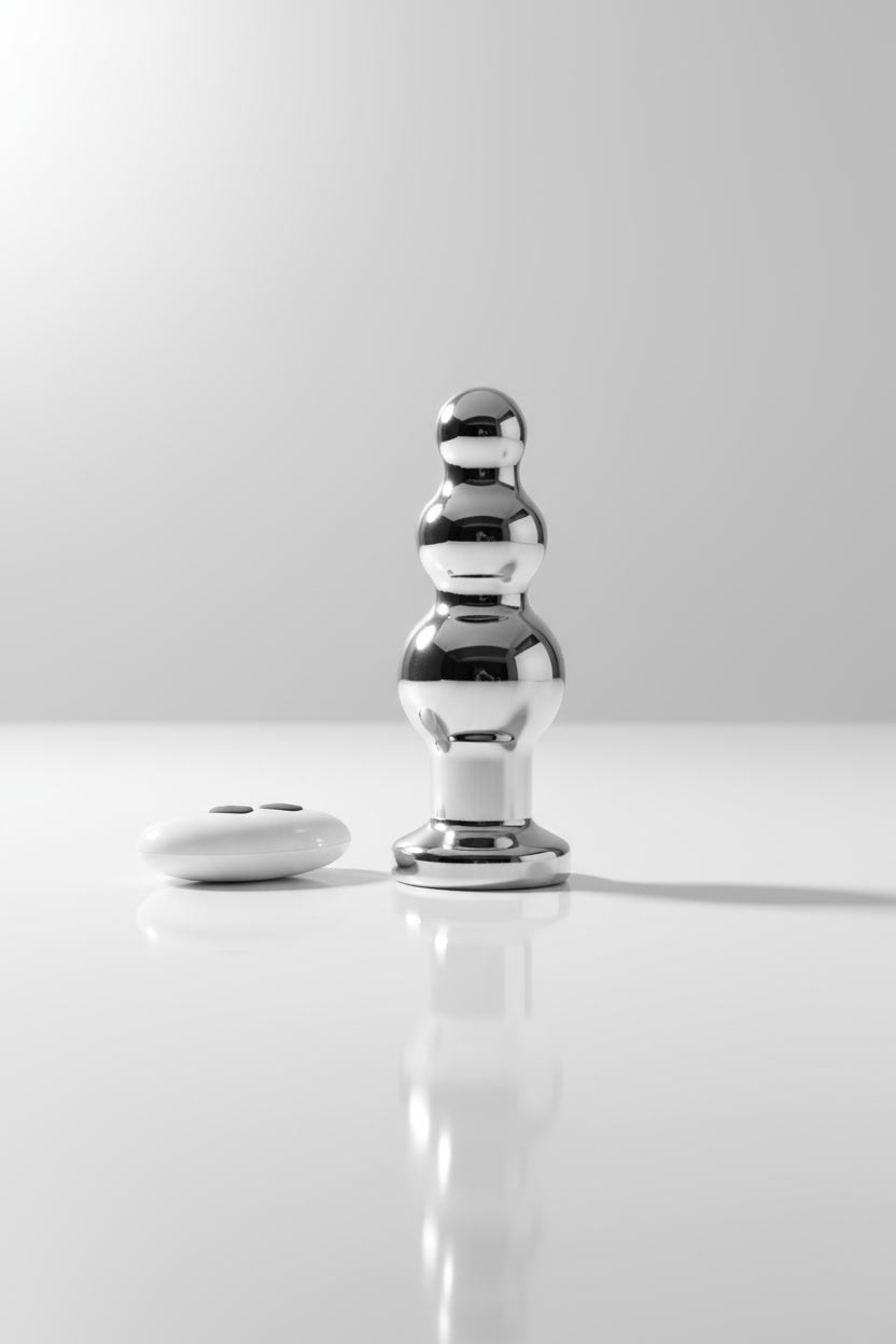 Toosh remote-controlled metal vibrating anal beads with 10 speeds and magnetic USB charger, designed as a sleek, adult butt plug.