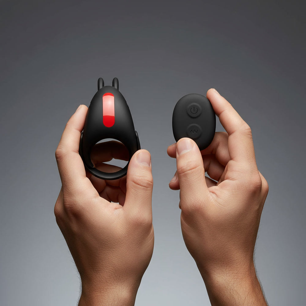 Scandals LUX 2.0 vibrating cock ring for couples with textured design, USB rechargeable, and remote control, shown in a sleek, minimal style.