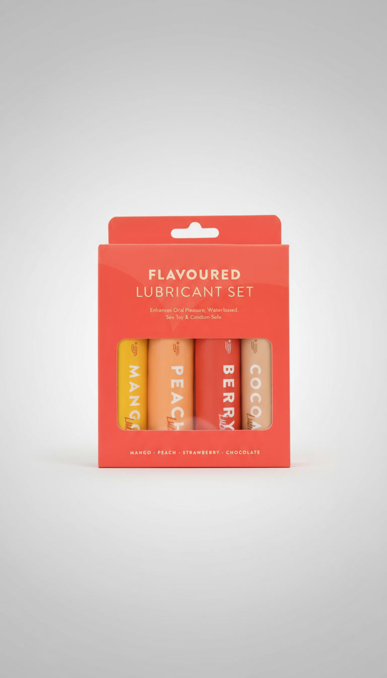Loving Joy flavored water-based lubricant set with mango, peach, strawberry, and chocolate, shown in sleek minimal packaging.
