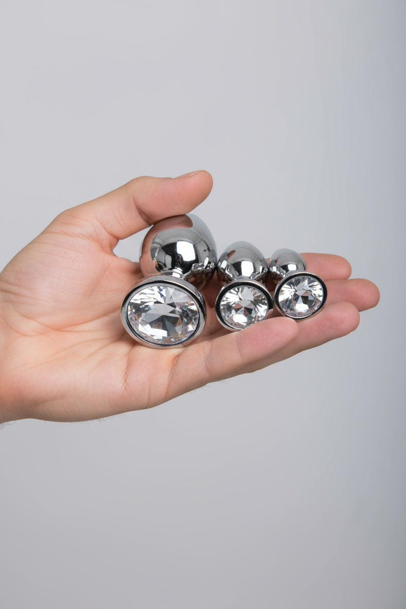 Toosh Metal Butt Plug Set of 3 with Clear Stone, Varied Sizes for Ultimate Pleasure
