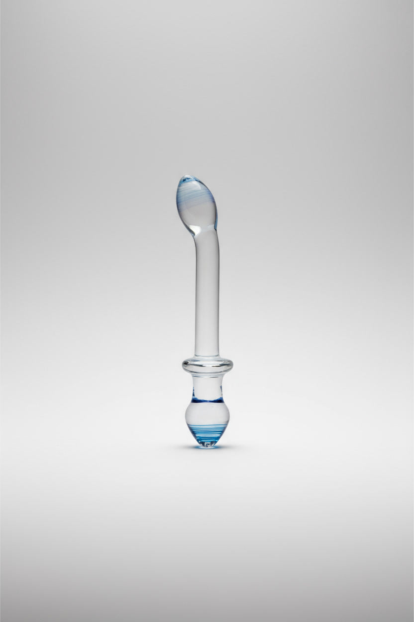 Glass dildo by Glas, 9.5-inch curved dual-ended design for G-spot and anal pleasure, with sleek, minimal aesthetic.