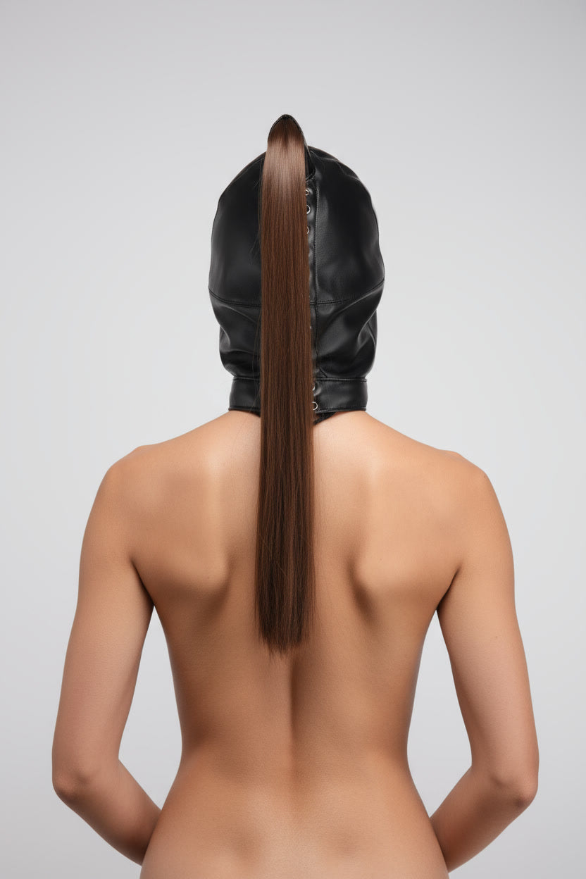 Ponytail Hood - Soft PU Leather Bondage Hood with Adjustable Lace-Up Back for Power Play and Room for Ponytail