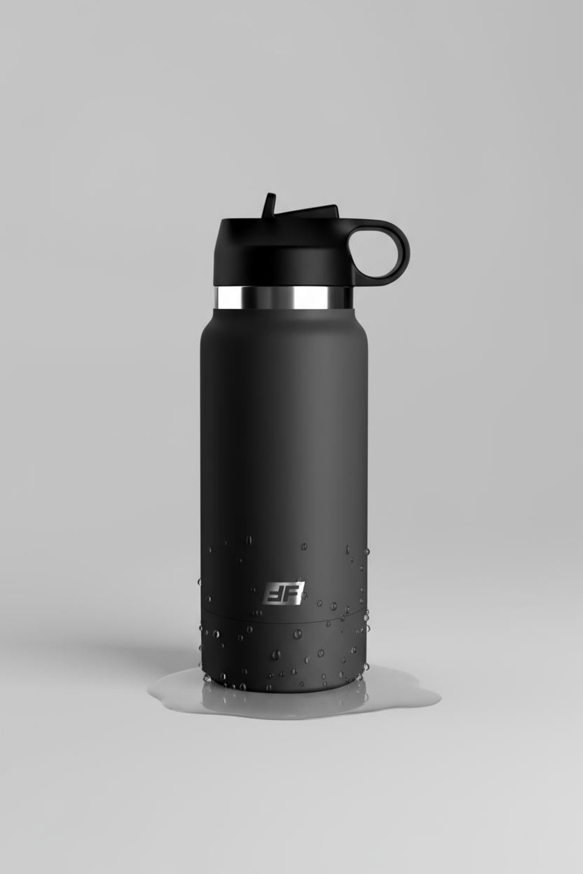 Black PDX Plus Fap Flask Thrill Seeker masturbator by Pipedream, featuring a sleek, frosted bottle design for discreet pleasure.