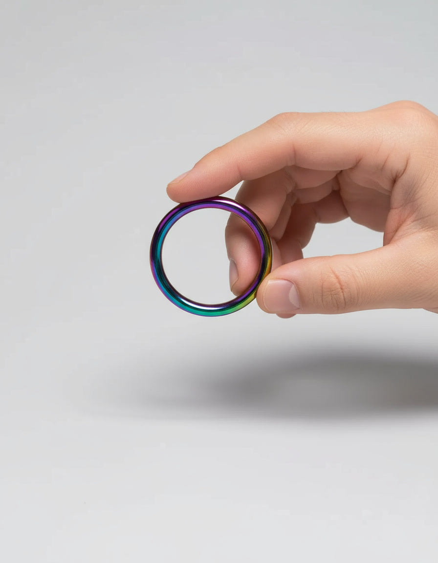 Chrome Rainbow Metal Cock Ring by Scandals, featuring a sleek, versatile design for all sizes and intense pleasure.